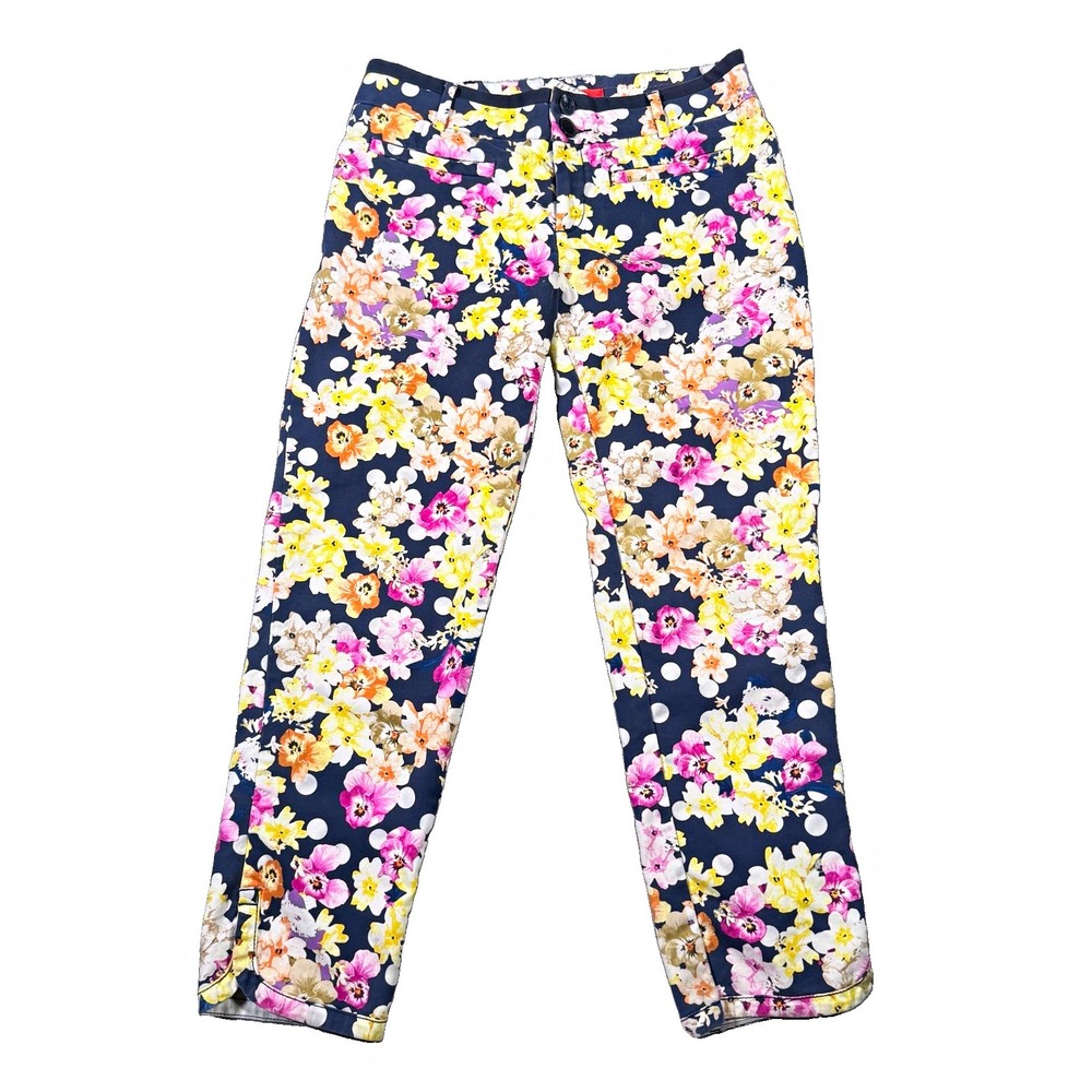 Anthropologie Cartonnier Charlie Pants 6 Navy Blue Floral Polka Dot Ankle Crop